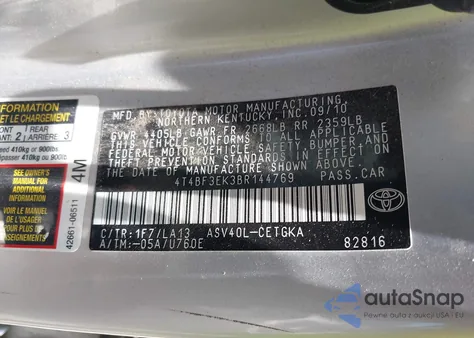 2011 Toyota Camry Xle from USA, damaged, VIN 4T4BF3EK3BR144769